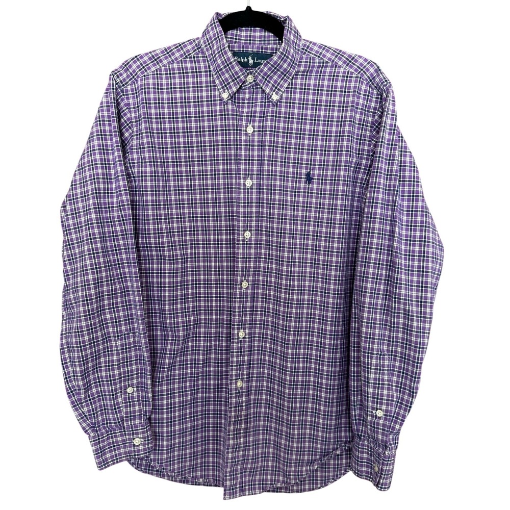 Ralph Lauren Button Down Shirt Mens Medium Purple Plaid Classic Fit Long Sleeve